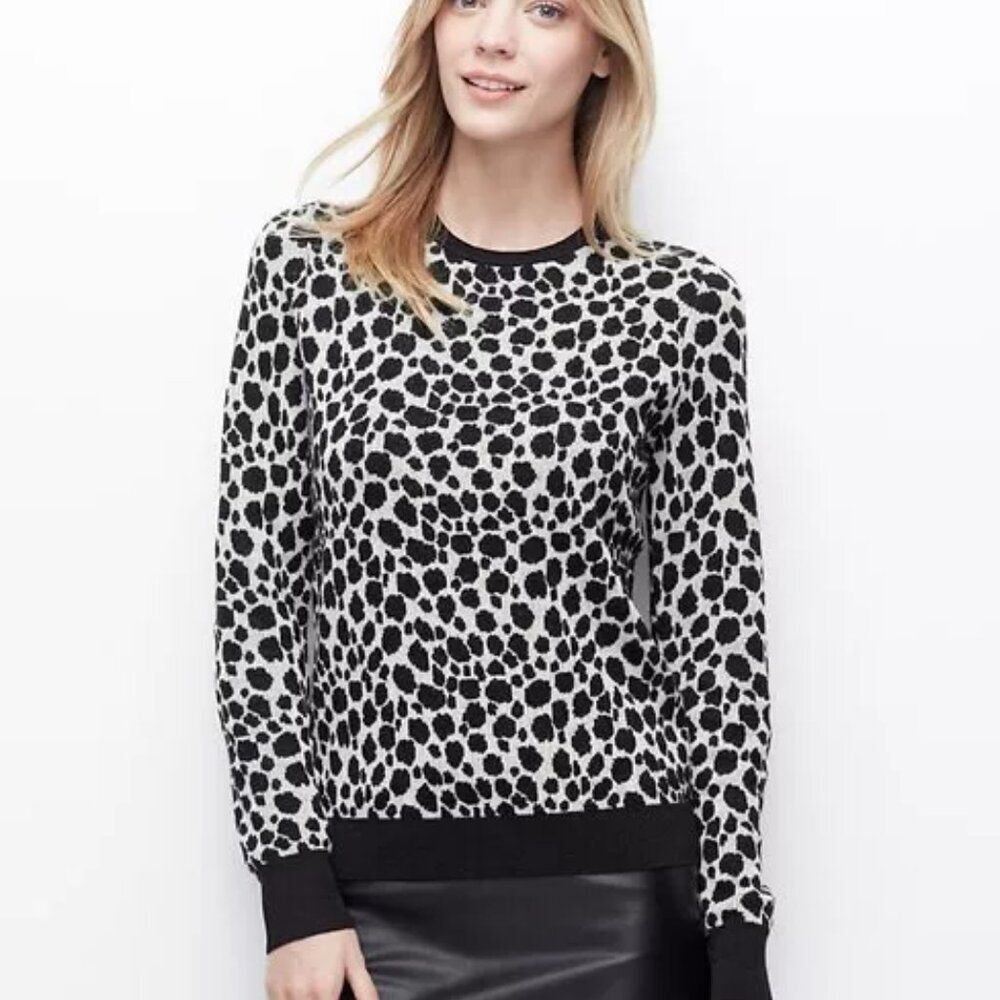 Ann Taylor Cheetah Jacquard Sweater Wool Blend White and Black Size Medium